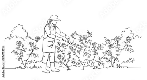 Line drawing of a person watering plants in a garden with vegetables and herbs on a sunny day on a transparent background