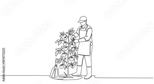 Line drawing of a gardener nurturing a young plant in a garden setting on a transparent background