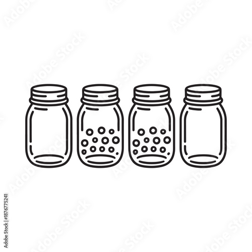 Four mason jars some filled with dots in a simple black and white line drawing