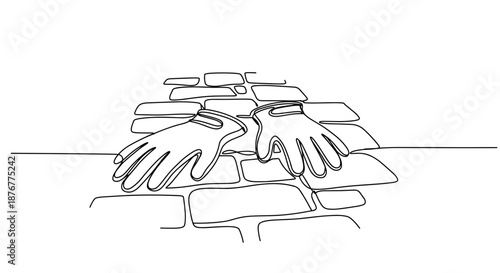 Line drawing of two hands reaching out on a textured brick background in a minimalist style, isolated on a transparent background