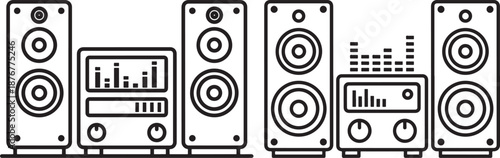 High-Fidelity Audio Stereo System and Speakers Line Art Vector Icons, Modern Sound Equipment and Amplifier with Graphic Equalizer Illustration