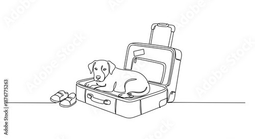 Line drawing of a dog sitting in an open suitcase with a cute expression isolated on a transparent background
