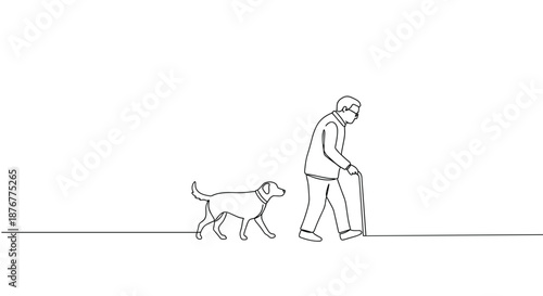 Line drawing of an elderly man walking a dog on a paved path in a park with a cane, isolated on a transparent background
