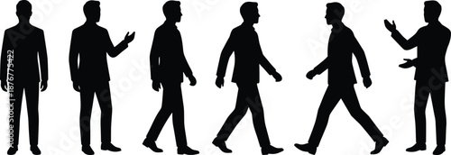 Businessman silhouette set showing standing walking talking gestures professional male people office vector illustration isolated background