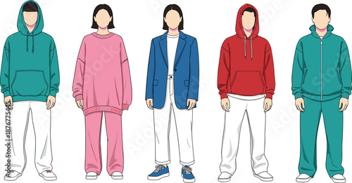 Colorful casual fashion people illustration, men women modern outfits, hoodie blazer streetwear style, trendy clothing character set collection