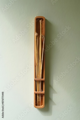 Wooden crochet hook set in case, knitting tools on wall