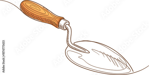 Continuous line drawing of construction trowel with wooden handle minimalist vector illustration of masonry tool for building and home repair