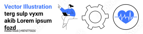 Person pointing while holding laptop, gear symbol, and heart with heartbeat line. Ideal for technology, health, productivity, teamwork, innovation, communication simple landing page