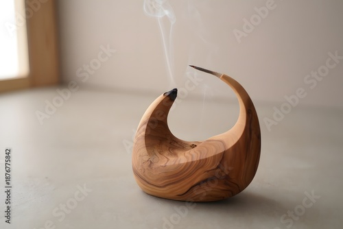 Wooden incense burner with smoke, modern home decor