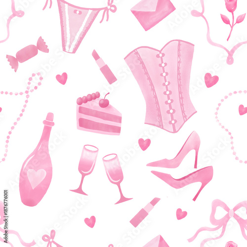 Romantic pink seamless pattern with watercolor elements such as corset, high heels, champagne bottle, glasses, cake, lingerie and feminine accessories. Perfect for Valentine and Birthday Girl. 