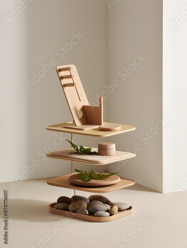 Wooden tiered tray with decorative items on beige background