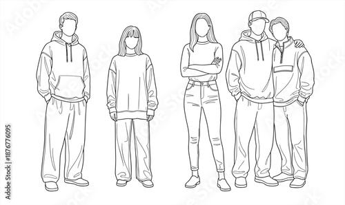 Young people fashion silhouettes, casual streetwear outfits, modern youth lifestyle, black line art illustration, trendy clothing design collection set