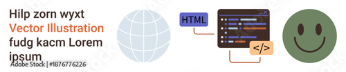 Web development, programming, global communication, coding skills, positive mindset, interface design. ion includes globe, code symbols and happy face. Web development and global communication