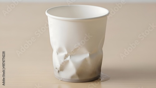 A crumpled white paper cup with liquid seeping out on a plain surface