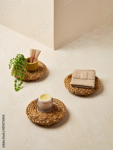 Woven coasters with candle, soap, and plant on beige background, home decor items