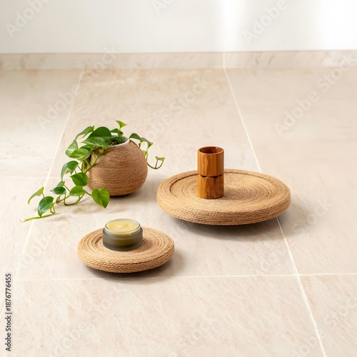 Woven coasters with candle and plant on beige tiles