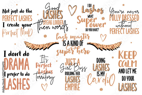 Inspiration lettering quotes about lash and for lash master.  Gold color with glitter vector. For lash bars, beauty salons, stylists, printing production, social media.
