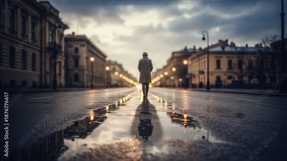 Obraz premium Man Walking Alone on Wet City Street at Night.