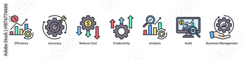 Business Efficiency banner illustrating productivity improvement, cost reduction, and performance analysis icons