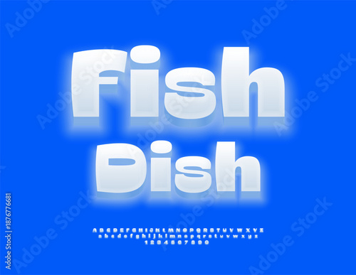 Vector Frozen sign Fish Dish for Cafe and Restaurant. Glowing White Font. Fashion set of Alphabet Letters and Numbers