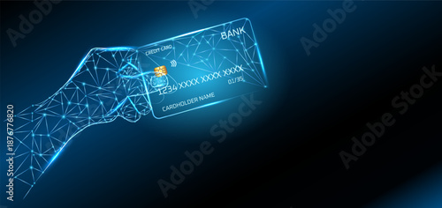 Digital bank card floating in wireframe hand against dark blue background.
