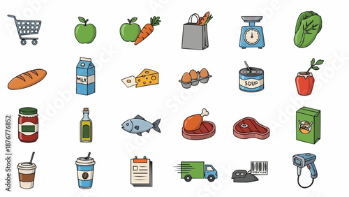 Collection of grocery items and food illustrations.