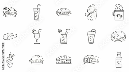 Collection of hand drawn fast food icons and drinks.