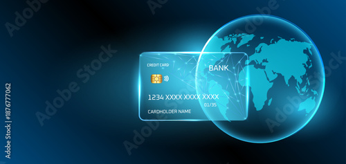 Transparent glowing credit card with digital world map hologram