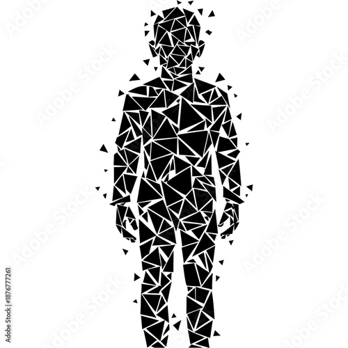Geometric human silhouette with fragmented polygonal pattern on white background representing disintegration or digital identity