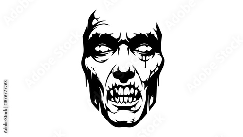 Zombie face with sharp teeth and menacing expression on white background horror graphic illustration