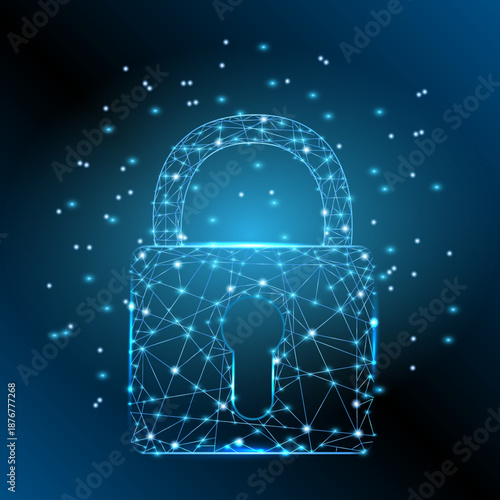 Wireframe padlock icon constructed from interconnected glowing points and lines against a deep blue background