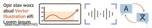 Data analysis, language translation, communication, technology, audio processing, global connectivity. Graph with upward trend, sound waves and language swap icon. Data analysis and language