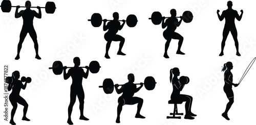 Large collection of black silhouettes featuring various male and female athletes lifting heavy barbells and dumbbells for gym fitness weightlifting bodybuilding and strength training concepts