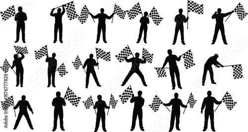 Large collection of black silhouettes featuring race track marshals and officials waving checkered flags for motorsport competition victory grand prix and car racing celebration concepts