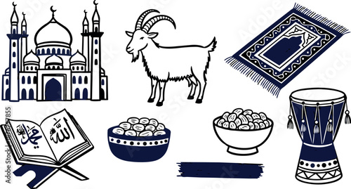 Monochrome line art islamic mosque goat drum prayer rug holy book dates bowl mosque elements collection