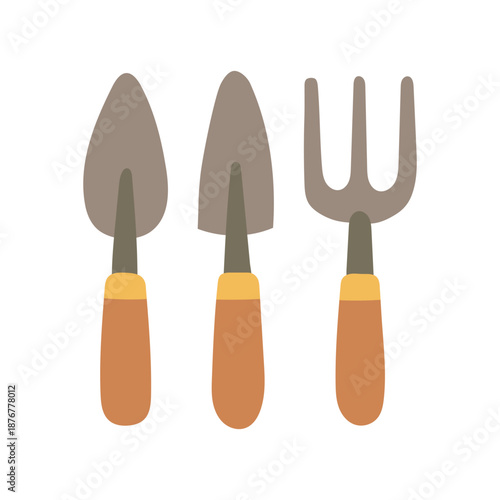 Hand tool set illustration featuring shovel, spade, and fork, ideal for cultivation tutorials, soil preparation posts, and backyard farming content.