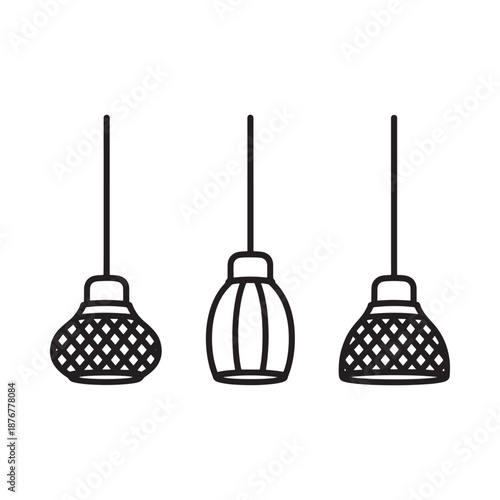 Simple outline illustration of three hanging light fixtures with varied designs
