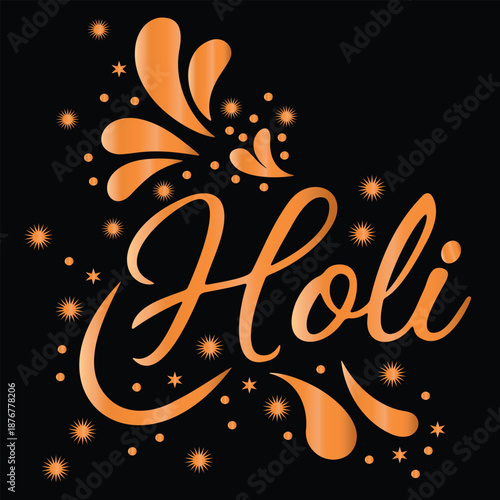 Vibrant Holi celebration greeting with colorful splashes and sparkling stars on a black background, ideal for festival invitations and digital art
