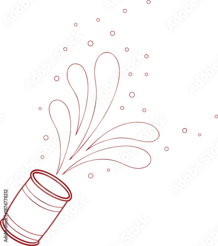 A simple, minimalist red line drawing of a can or container with a splash of liquid or bubbles erupting from it, suggesting celebration or effervescence