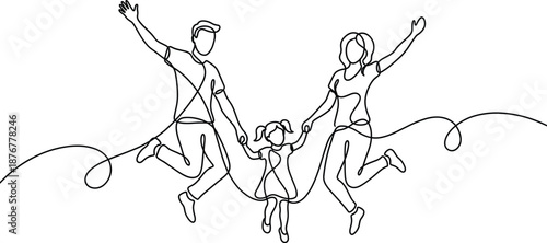 Continuous line drawing of happy family with father mother and daughter jumping together in minimalist vector style for togetherness concept