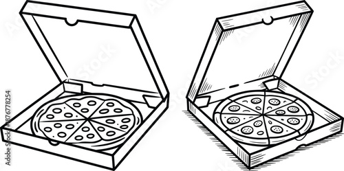Open Pizza Box with Sliced Pepperoni Pizza Black and White Vector Illustration.