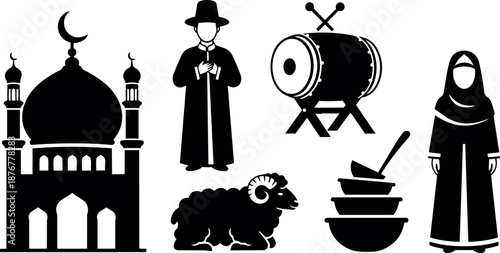 Silhouette icons of mosque, religious man praying, drum, sheep, mortar and pestle, and modest woman in traditional attire