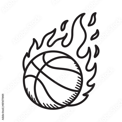a black and white drawing of a basketball on fire