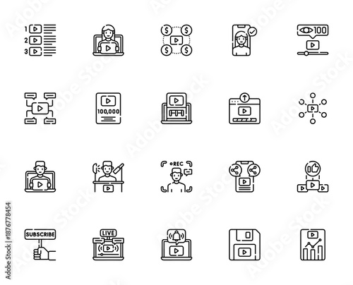 Youtuber icon set. Minimal vector icons pack for Trending, Earnings, Verified, Views, Comments, Creator award, Edit video, Upload, Viral, Setup and more.