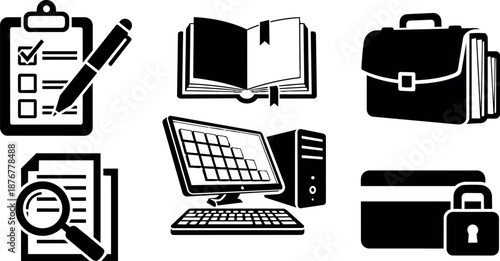 Black and white office icons including checklist clipboard, open book, briefcase, magnifying glass on document, desktop computer, credit card with padlock symbol
