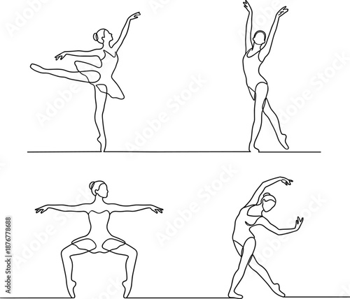 Continuous line drawing of graceful ballet dancers in different poses minimalist vector illustration of female ballerina performers in outline style