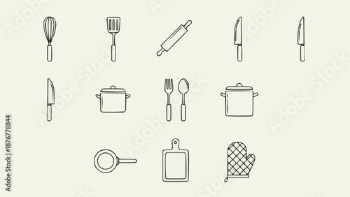 Collection of Hand Drawn Kitchen Utensils and Tools.
