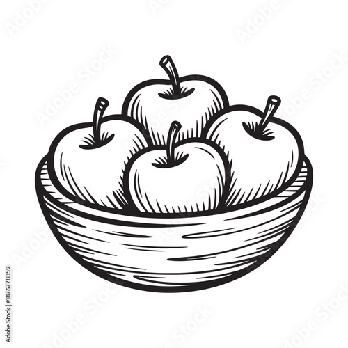 A black and white illustration depicting a bowl filled with apples