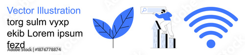 Technology, growth, eco-consciousness, connectivity, analytics, online search. A stylized leaf, a person analyzing graphs and a wireless symbol. Technology and growth visualization concept