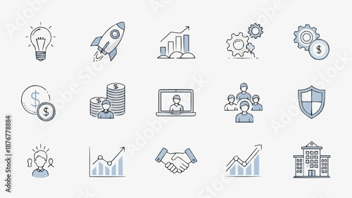 Collection of hand-drawn business and finance icons.